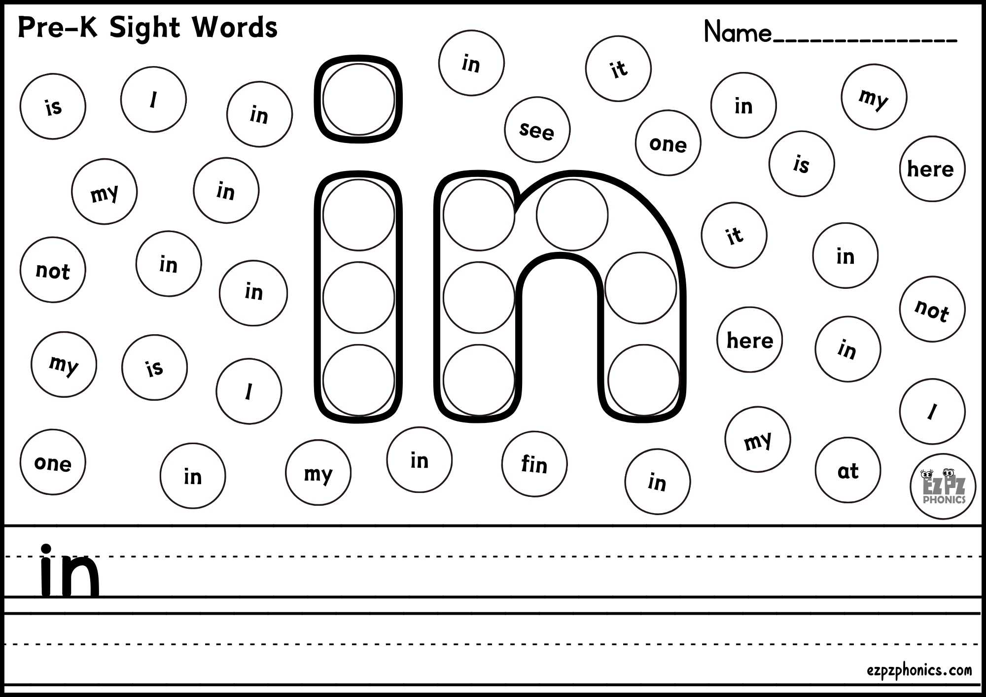 "In" Sight Word Dab & Write Worksheet – Fun Phonics & Reading Practice! Free PDF